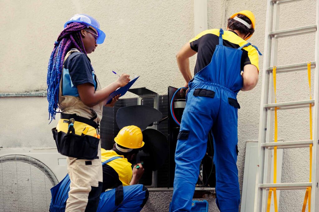 HVAC technician checking air filter during AC maintenance service